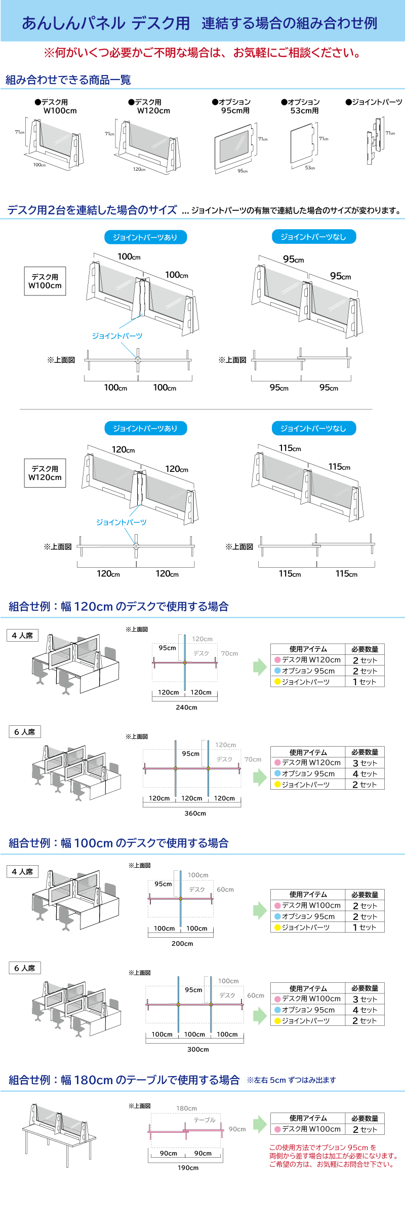 あんしんパネルデスク用連結する場合の組み合わせ例